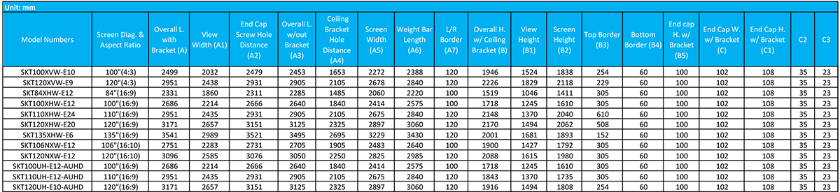 Dimensions des écrans Elite Screens SAKER TAB TENSION