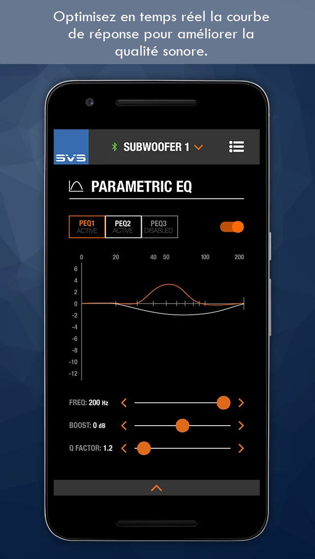 Gros plan sur l'égalisation paramétrique de l'application SVS pour le contrôle du subwoofer