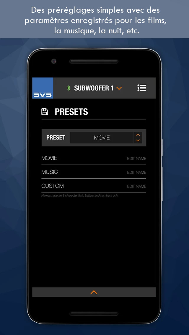Présets de l'application SVS pour le contrôle du subwoofer
