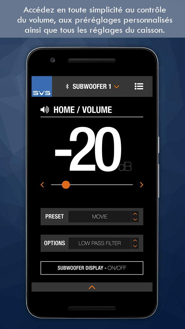 Gros plan sur les réglages de l'application SVS pour le contrôle du subwoofer