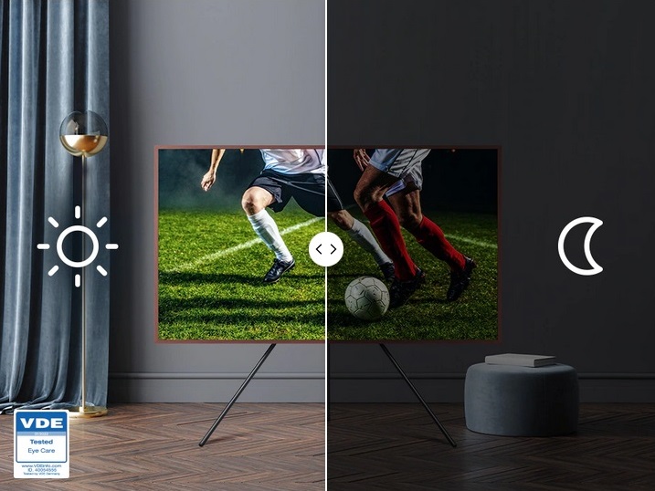 Le Mode EyeComfort du TV Samsung TQ43LS03B adapte sa luminosité.