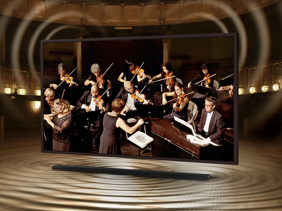 La technologie propriétaire Q-symphony synchronise les enceintes du téléviseur Samsung TQ43LS03B avec les barre de son compatible.