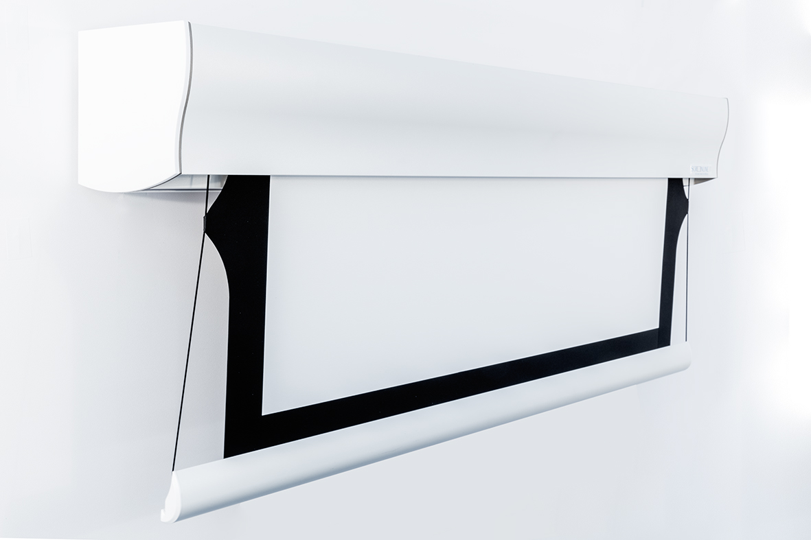 L'écran de projection ScreenLine Wave tensionné peutêtre fixé au mur ou au plafond.